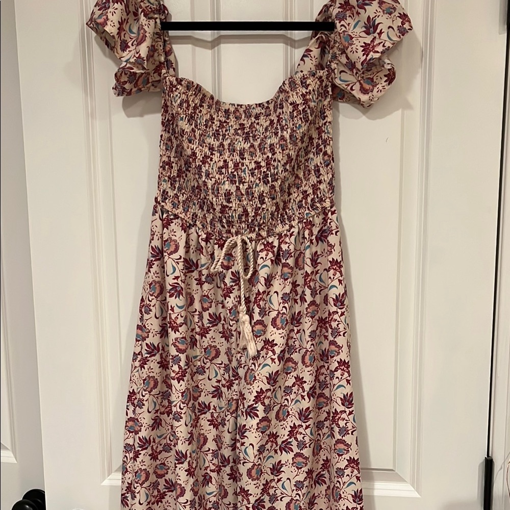 Floral Smocked Jumpsuit with Off the Shoulder Sleeves